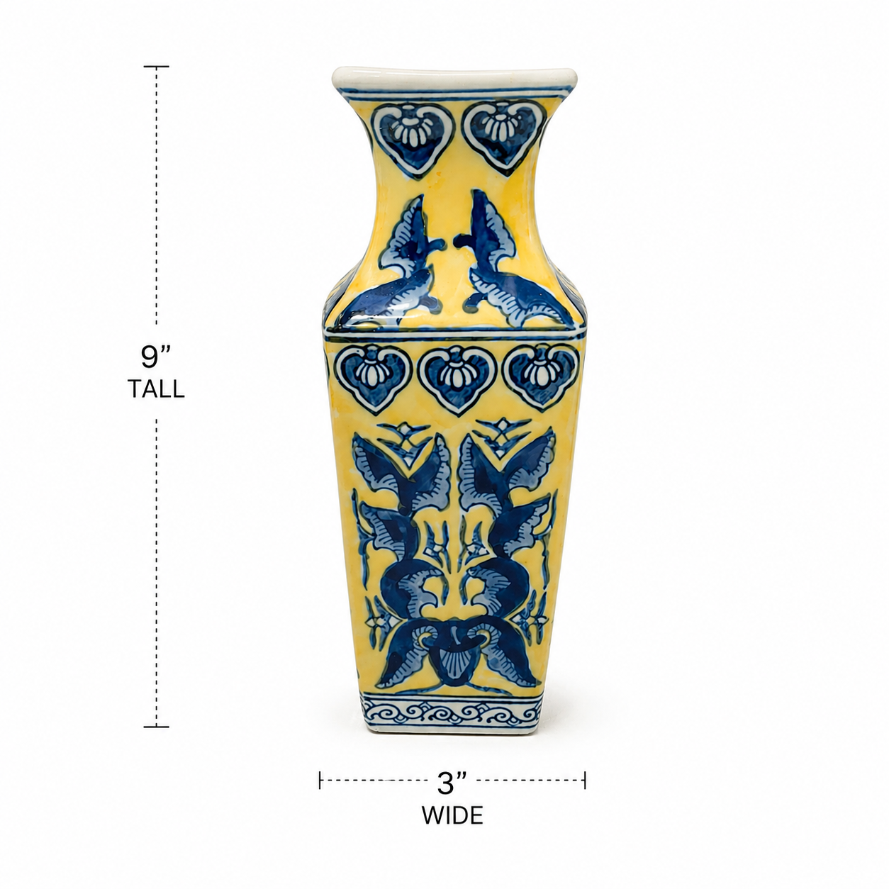 Vintage Chinoiserie Style Ceramic Vase - 9 Inch Blue & Yellow Vessel