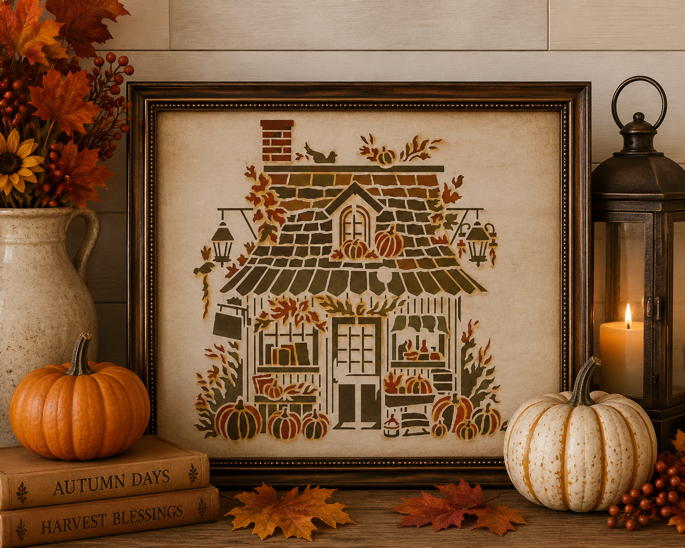 JRV Fall Cottage Stencil - 14" x 11.5" Reusable Mylar Made in USA