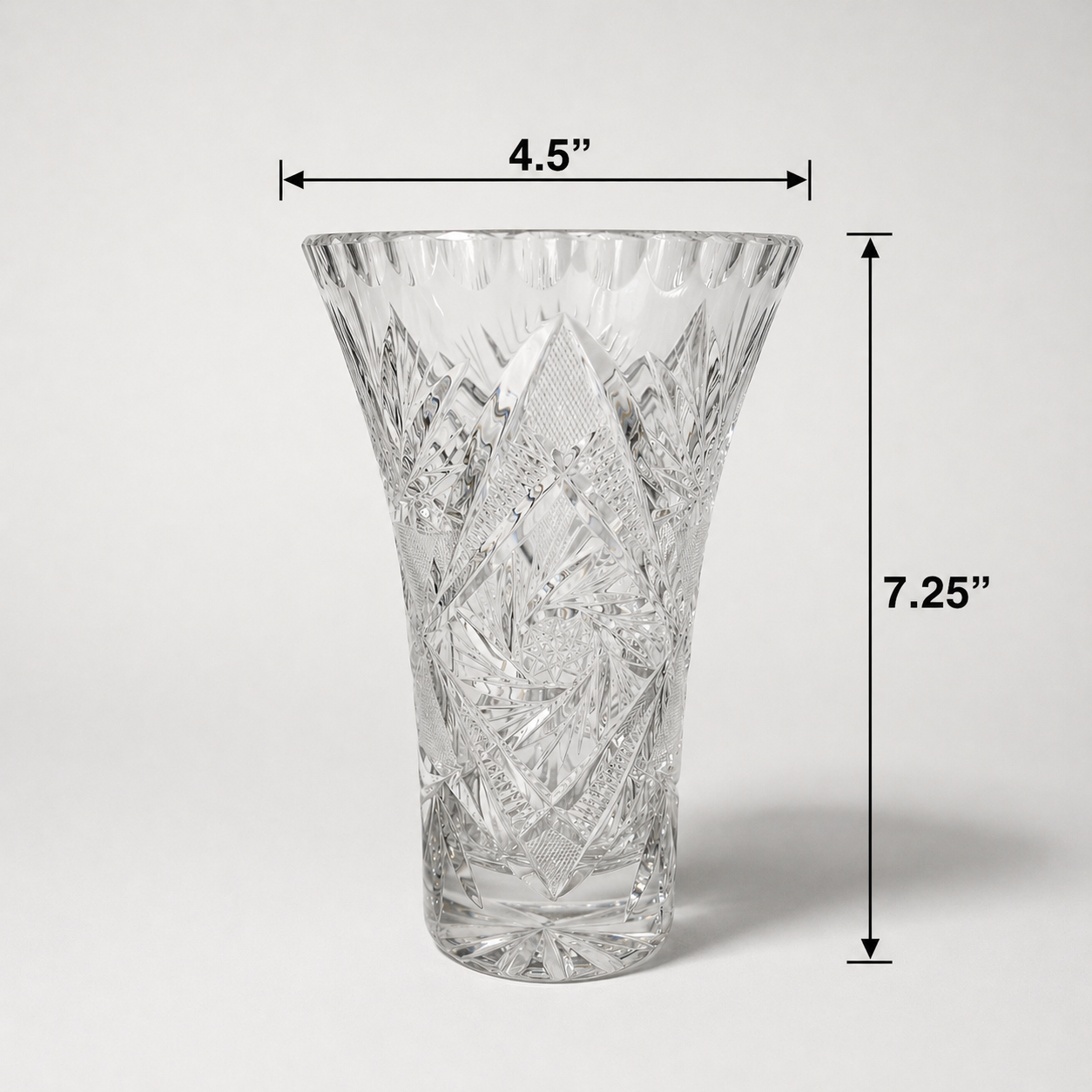 Cut Crystal Pinwheel Vase - Elegant Faceted Glass Decor 7.25" Tall