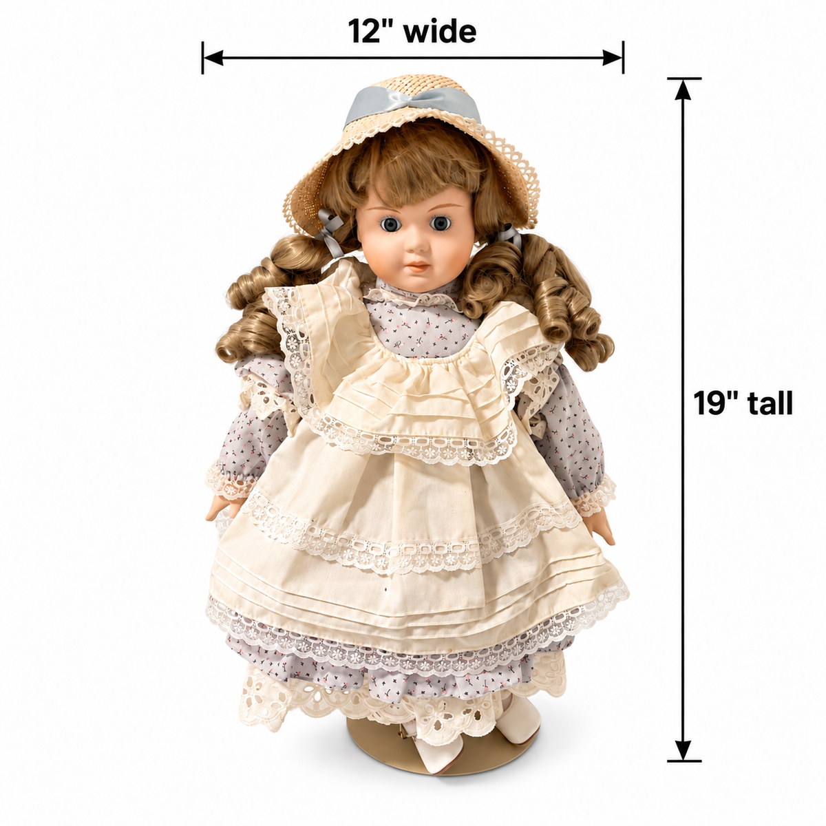 Vintage Porcelain Doll with Stand and Blue Linen Dress - Taiwan R.O.C