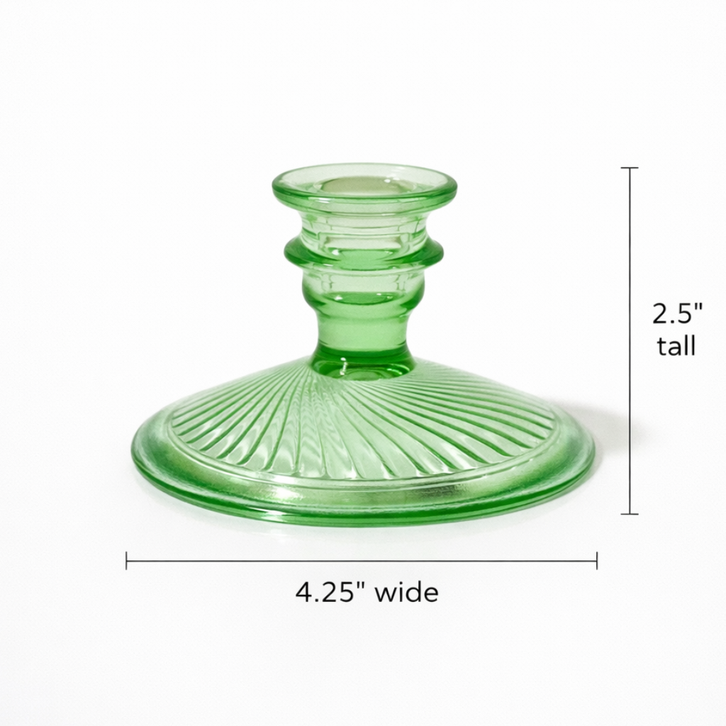 Vintage Green Ribbed Glass Taper Candle Holder with Wide Base