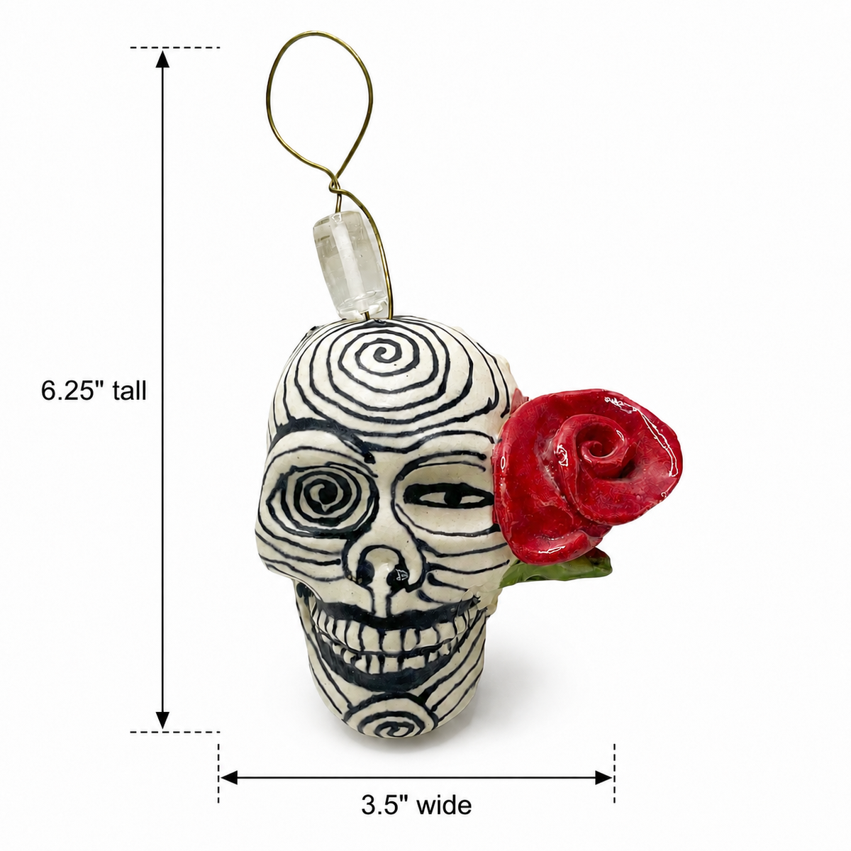 Clay Sugar Skull Ornament with Red Rose & Wire Hanger - Seasonal Decor