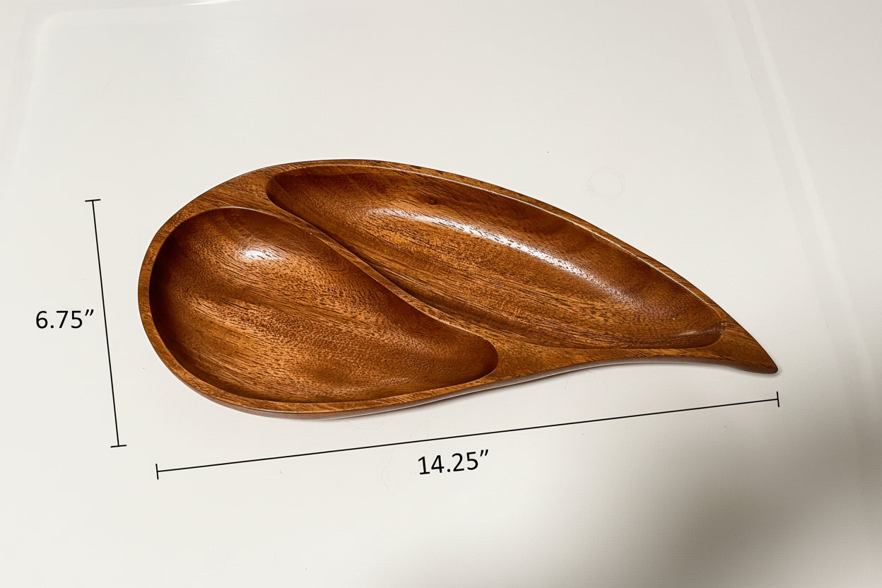 1970s Monkey Pod Wood Teardrop Tray with Two Compartments Philippines
