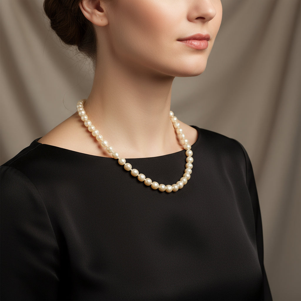 Vintage Faux Ivory Pearl & Rhinestone Necklace 19" Adjustable Length