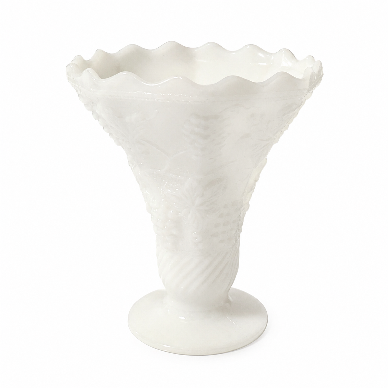 Vintage Anchor Hocking Milk Glass Vase - Scalloped Edge Embossed