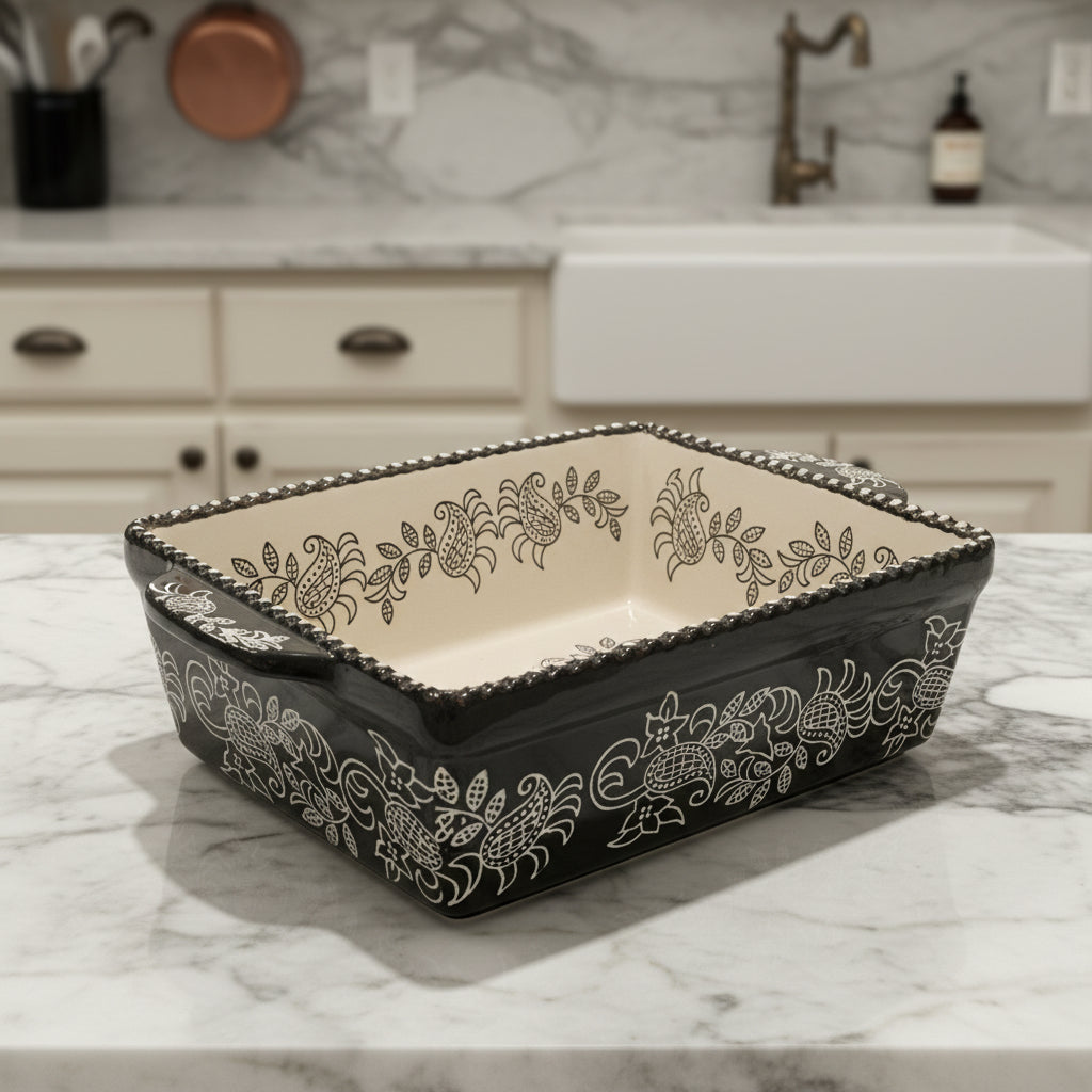 Vintage Baum Brothers Floral Stoneware Casserole Dish - Ivory & Black