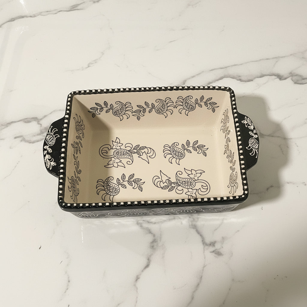 Vintage Baum Brothers Floral Stoneware Casserole Dish - Ivory & Black