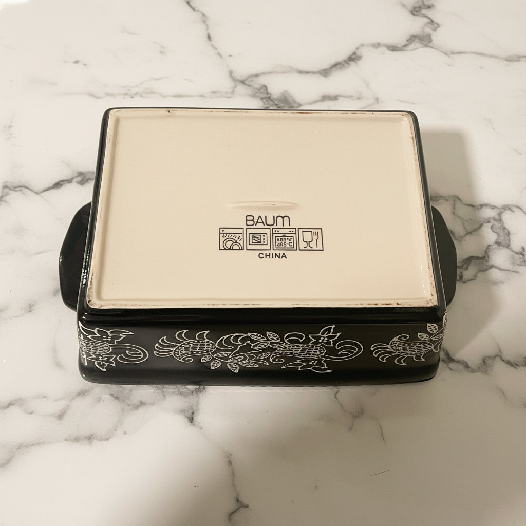 Vintage Baum Brothers Floral Stoneware Casserole Dish - Ivory & Black