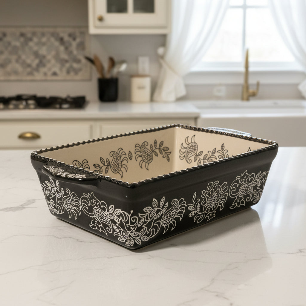 Vintage Baum Brothers Floral Stoneware Casserole Dish - Ivory & Black