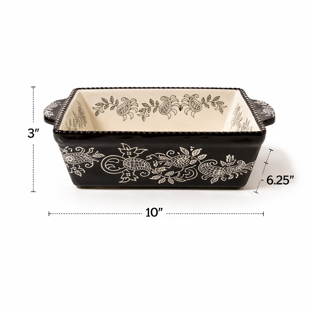 Vintage Baum Brothers Floral Stoneware Casserole Dish - Ivory & Black