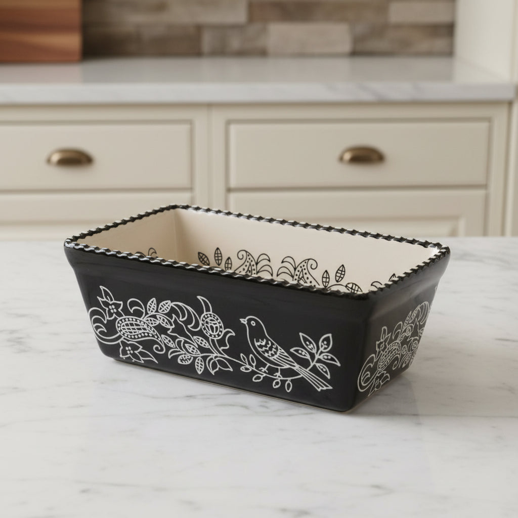 Vintage Baum Brothers Floral Mini Loaf Pan - Ivory & Black Stoneware