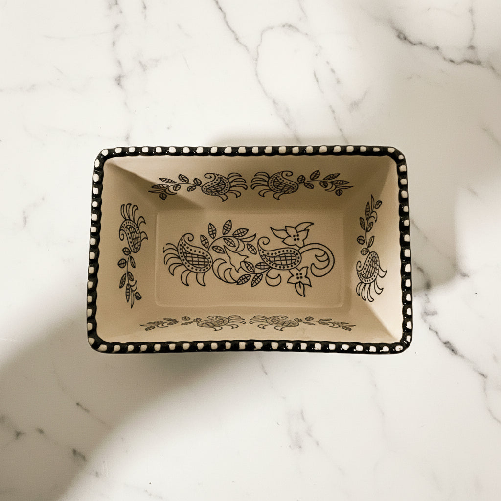 Vintage Baum Brothers Floral Mini Loaf Pan - Ivory & Black Stoneware
