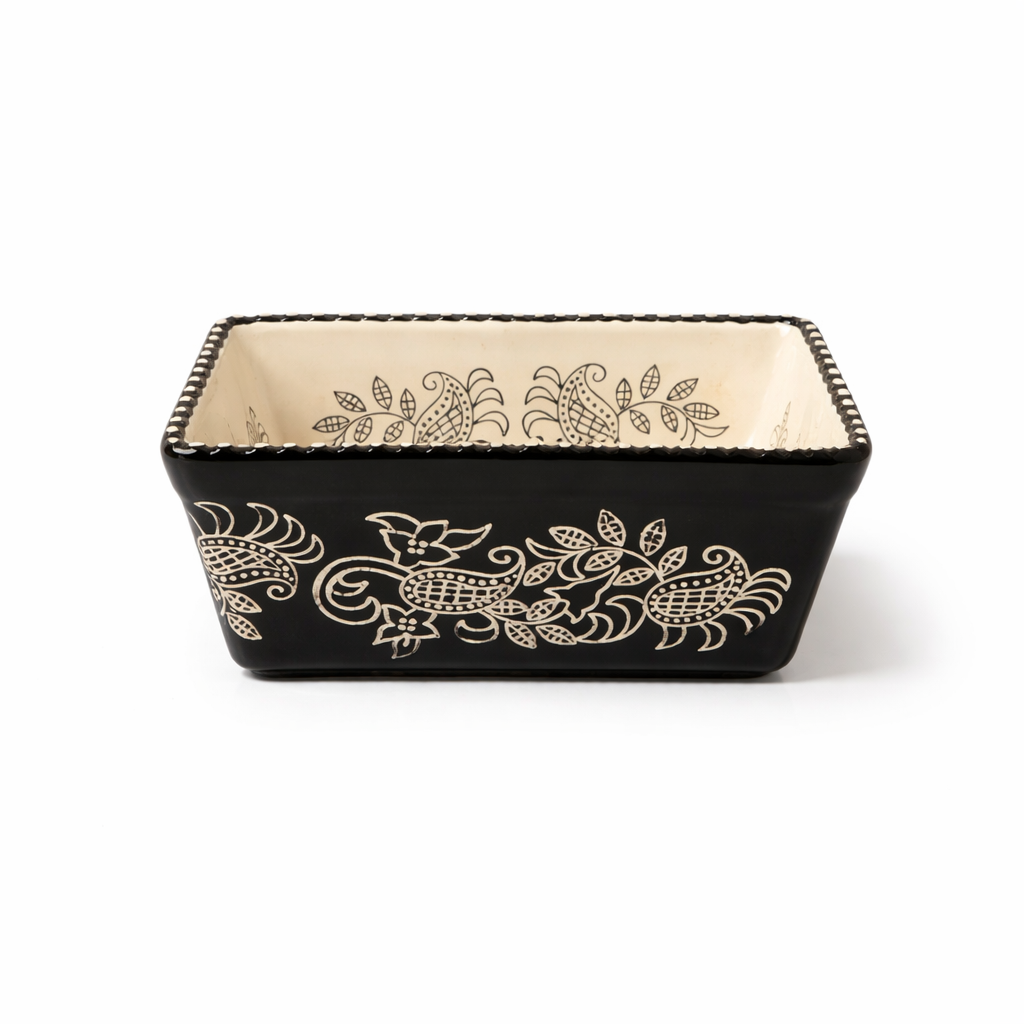 Vintage Baum Brothers Floral Mini Loaf Pan - Ivory & Black Stoneware