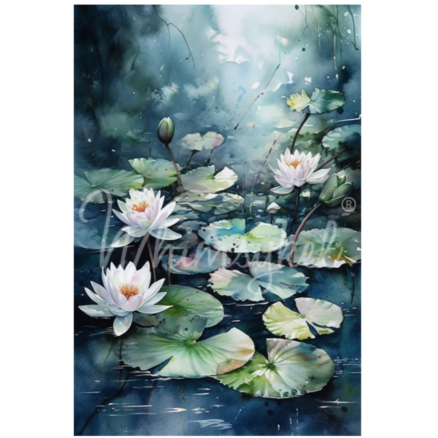 Whimsykel Designs Blue Waterlilies Decoupage Paper - 29" x 21" 18 LB