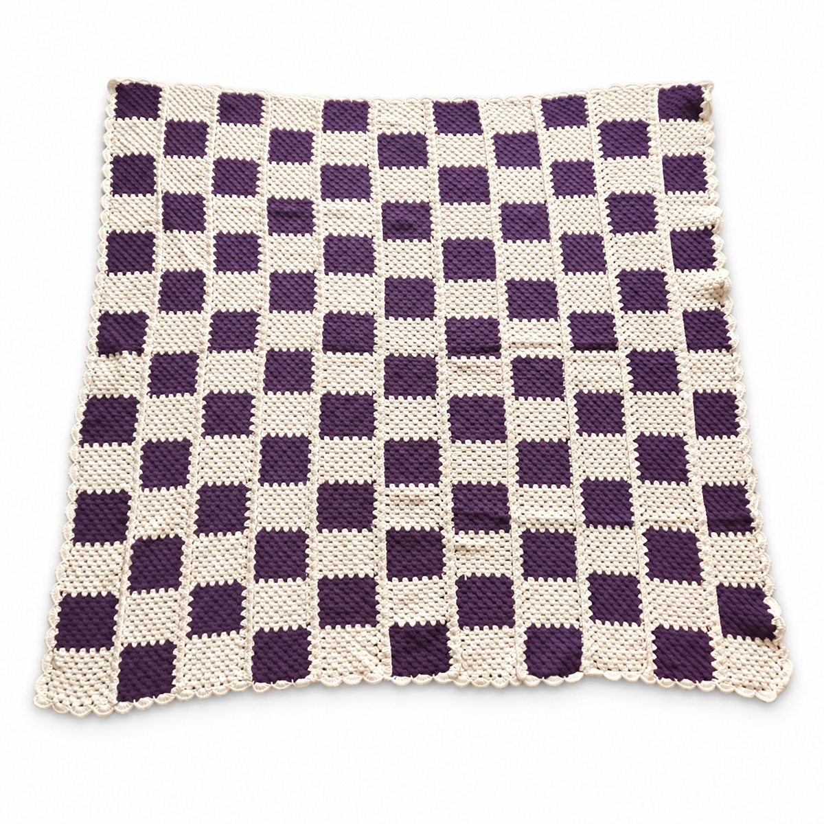 Vintage Handmade Crocheted Throw Blanket - Checkered Cream & Plum