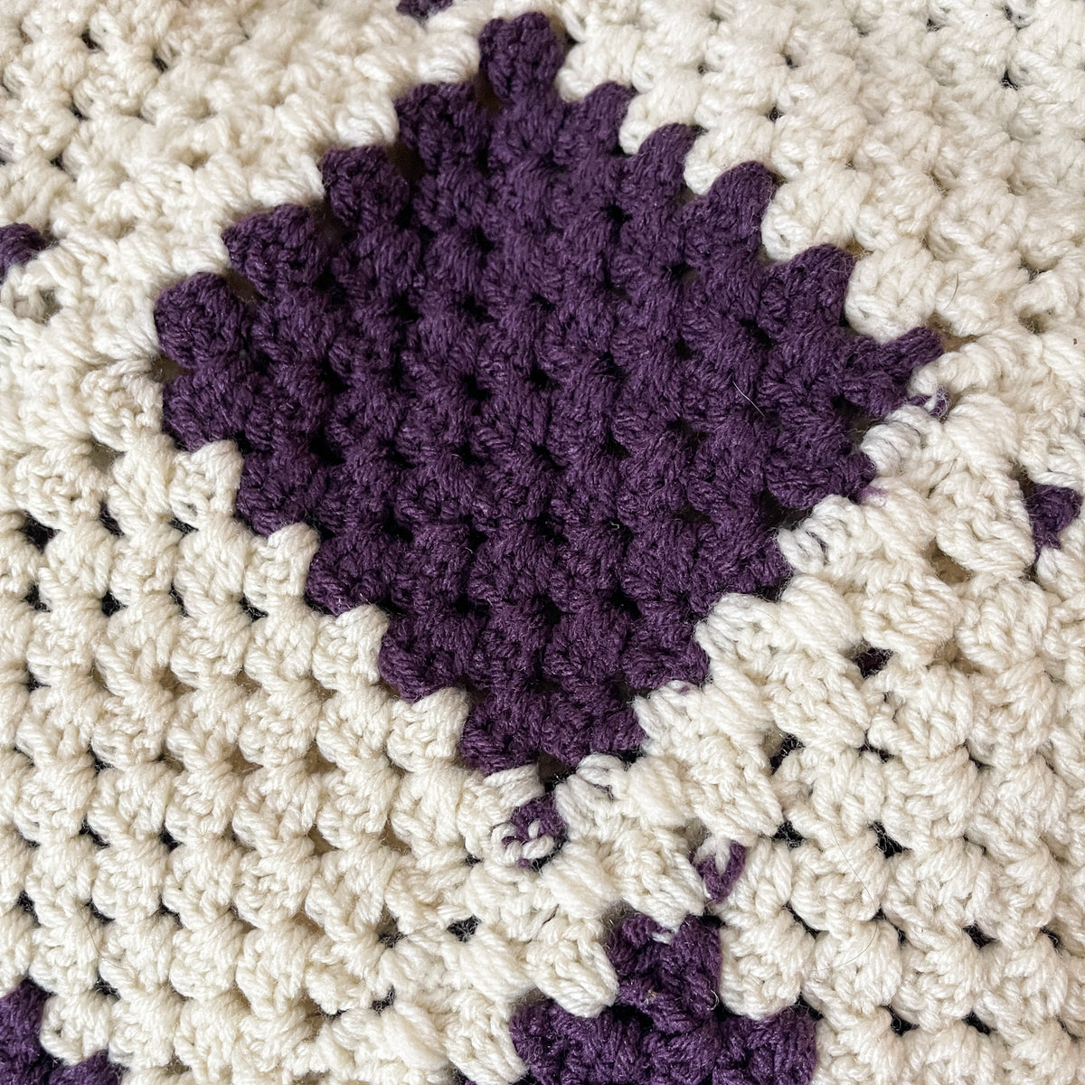 Vintage Handmade Crocheted Throw Blanket - Checkered Cream & Plum