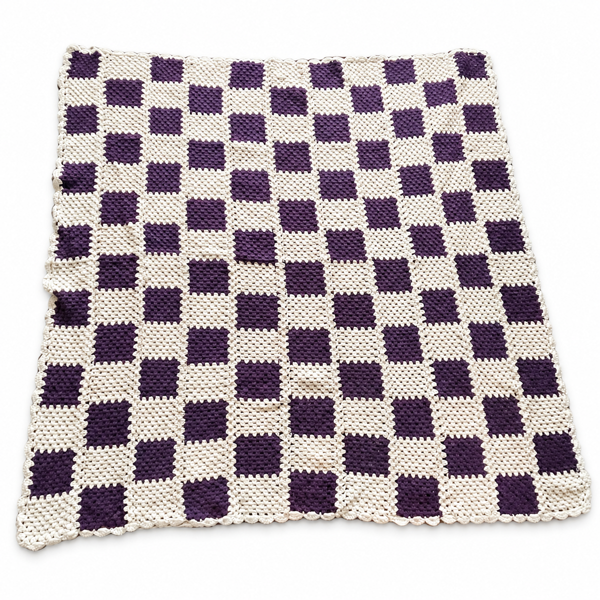 Vintage Handmade Crocheted Throw Blanket - Checkered Cream & Plum