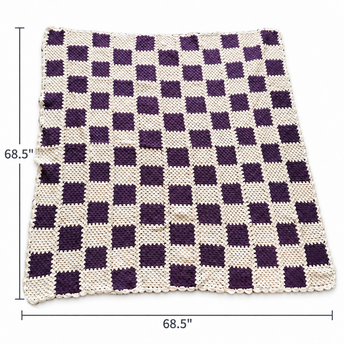 Vintage Handmade Crocheted Throw Blanket - Checkered Cream & Plum
