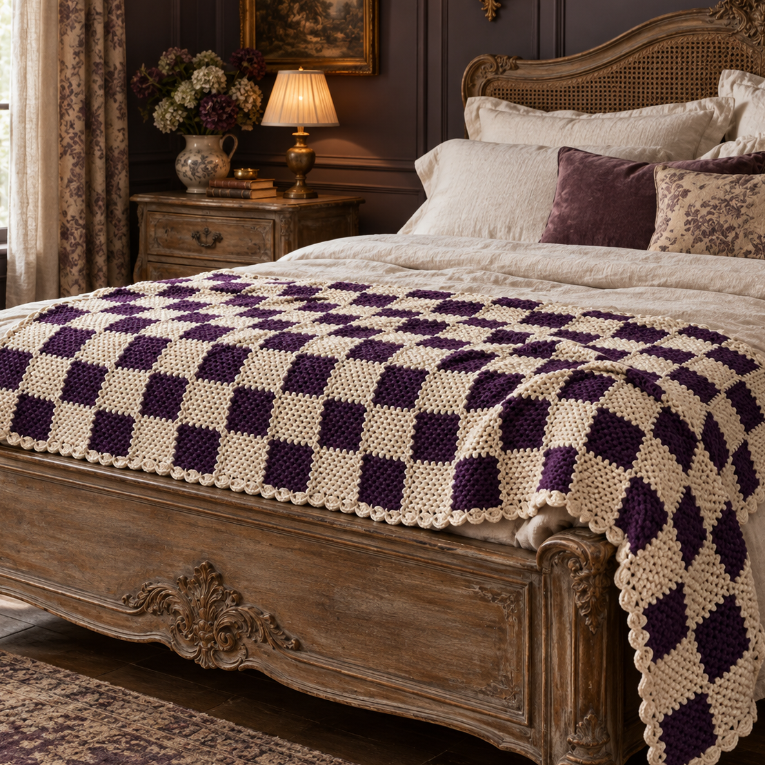 Vintage Handmade Crocheted Throw Blanket - Checkered Cream & Plum