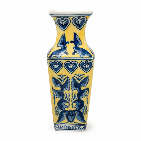 Vintage Chinoiserie Style Ceramic Vase - 9 Inch Blue & Yellow Vessel