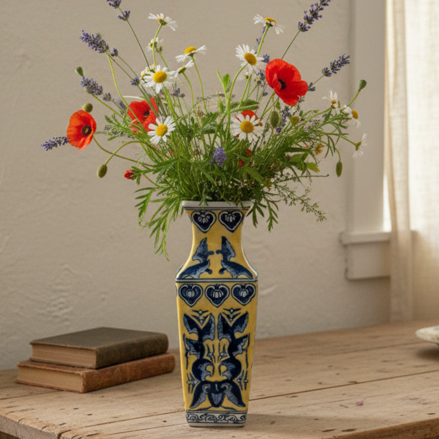 Vintage Chinoiserie Style Ceramic Vase - 9 Inch Blue & Yellow Vessel