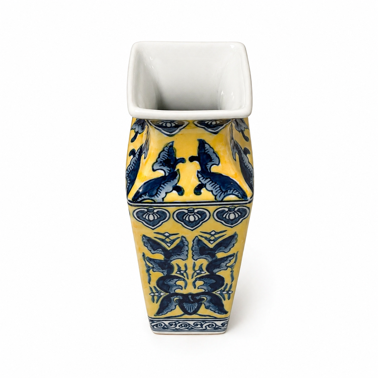 Vintage Chinoiserie Style Ceramic Vase - 9 Inch Blue & Yellow Vessel