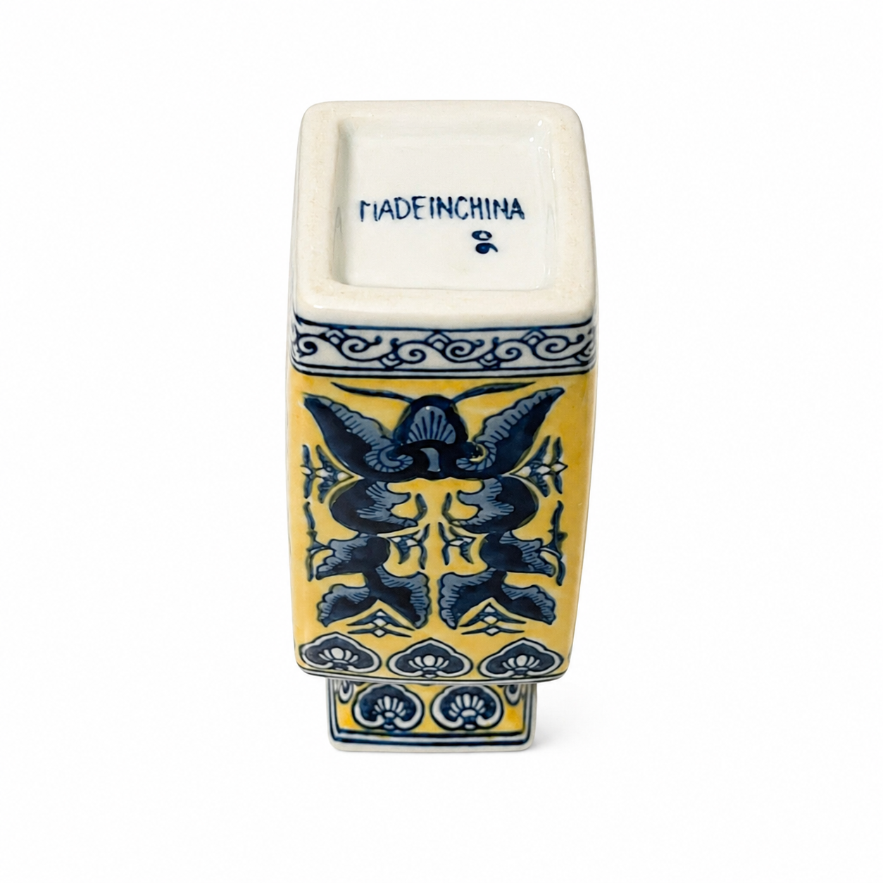 Vintage Chinoiserie Style Ceramic Vase - 9 Inch Blue & Yellow Vessel