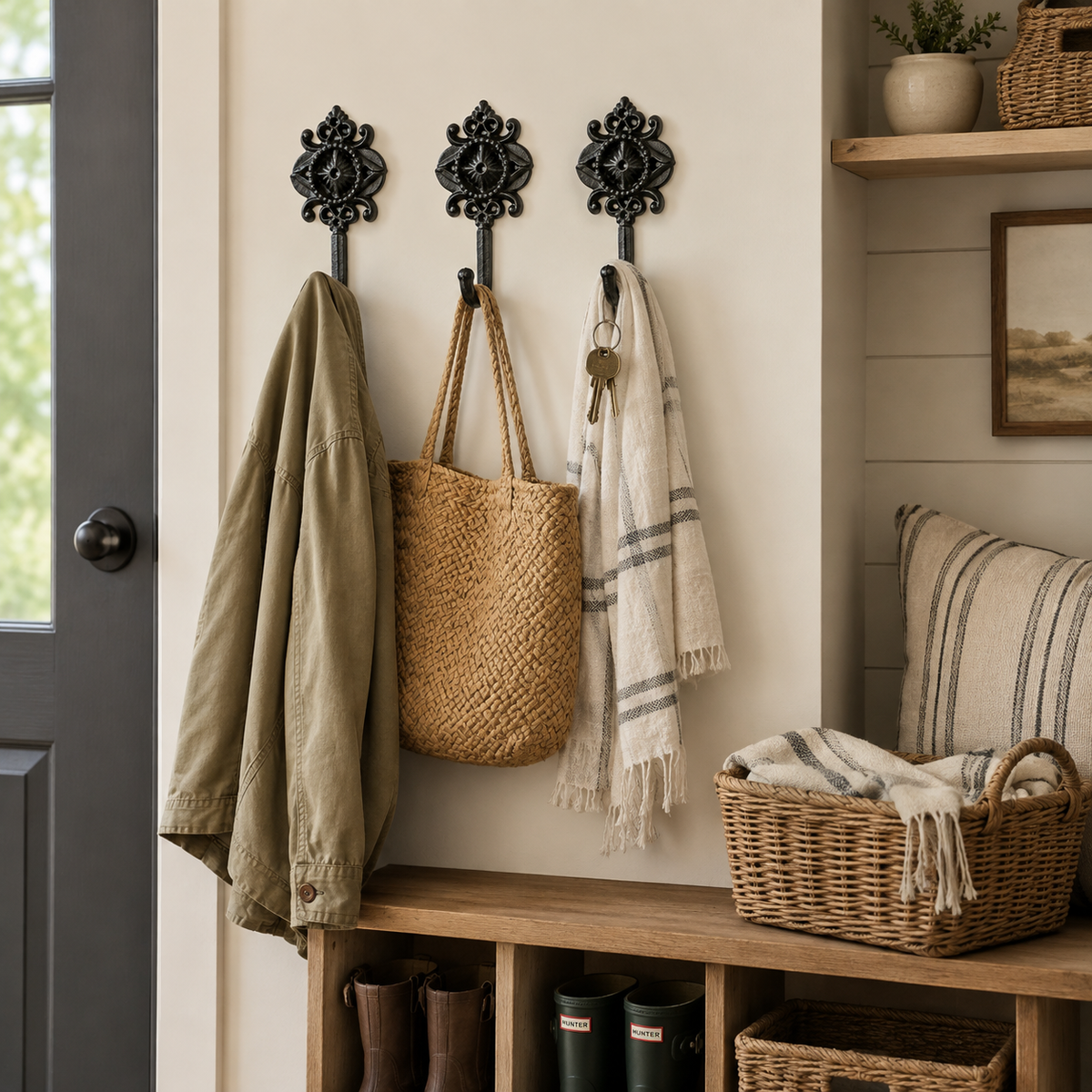 Decorative Cast Iron Wall Hooks – Set of 3 - Rustic Farmhouse Decor