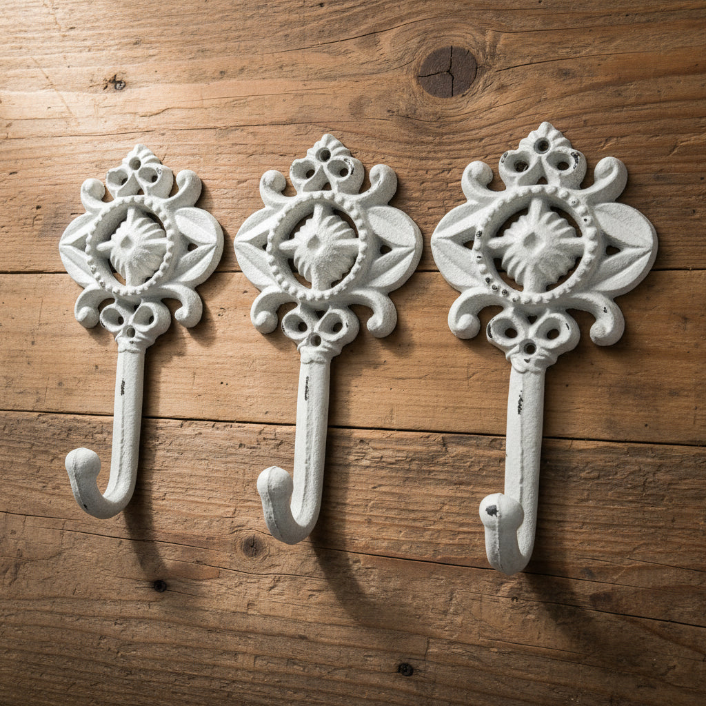 Decorative White Cast Iron Wall Hook - Set of 3