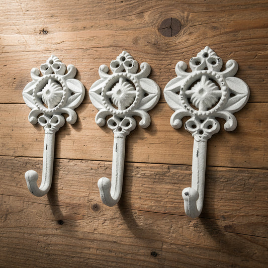 Decorative White Cast Iron Wall Hook - Set of 3