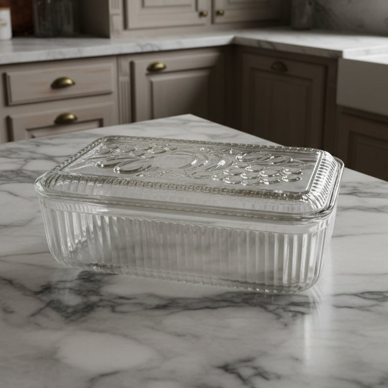 1940s Federal Glass Ribbed Fruit Embossed Refrigerator Dish