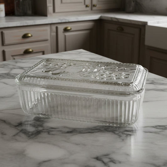 1940s Federal Glass Ribbed Fruit Embossed Refrigerator Dish