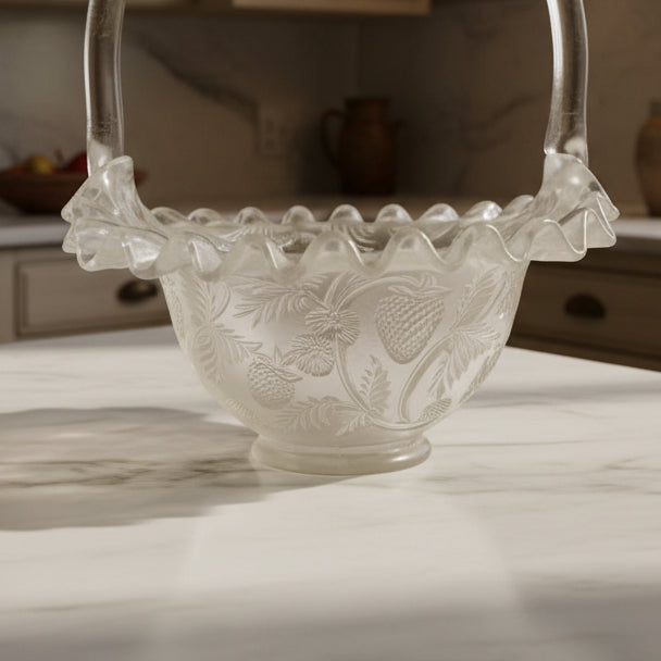 Vintage Fenton Frosted Glass Strawberry Basket