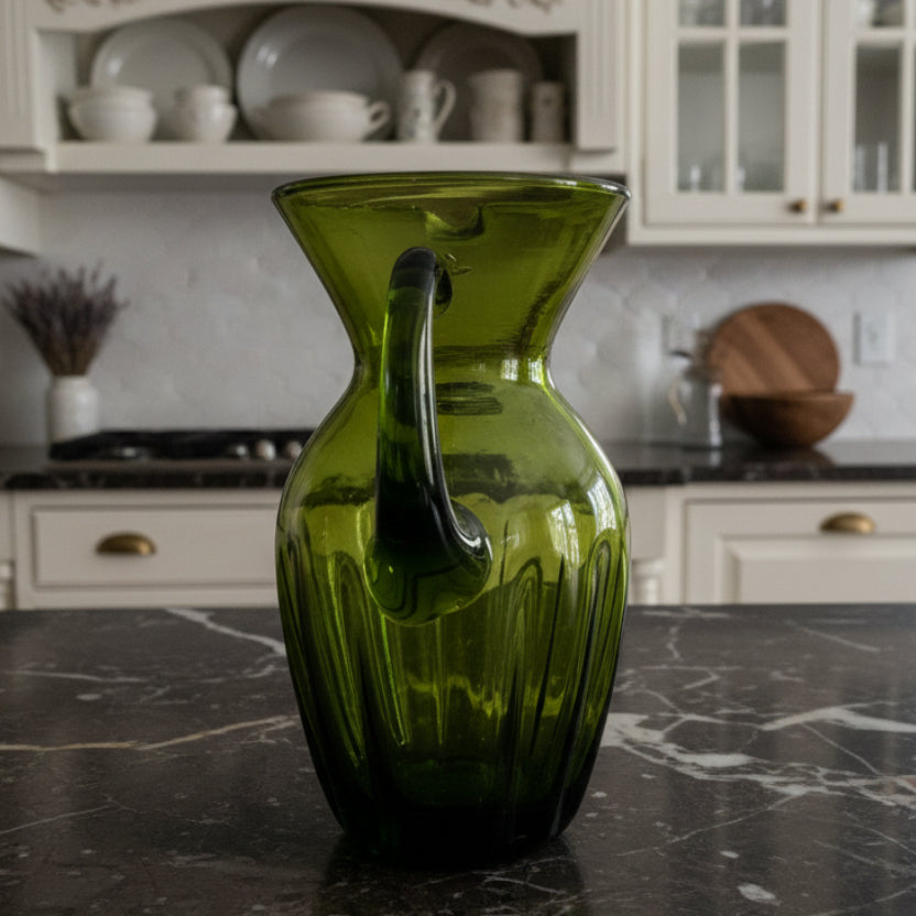 Vintage Hand Blown Green Glass Pitcher - Decorative Glassware