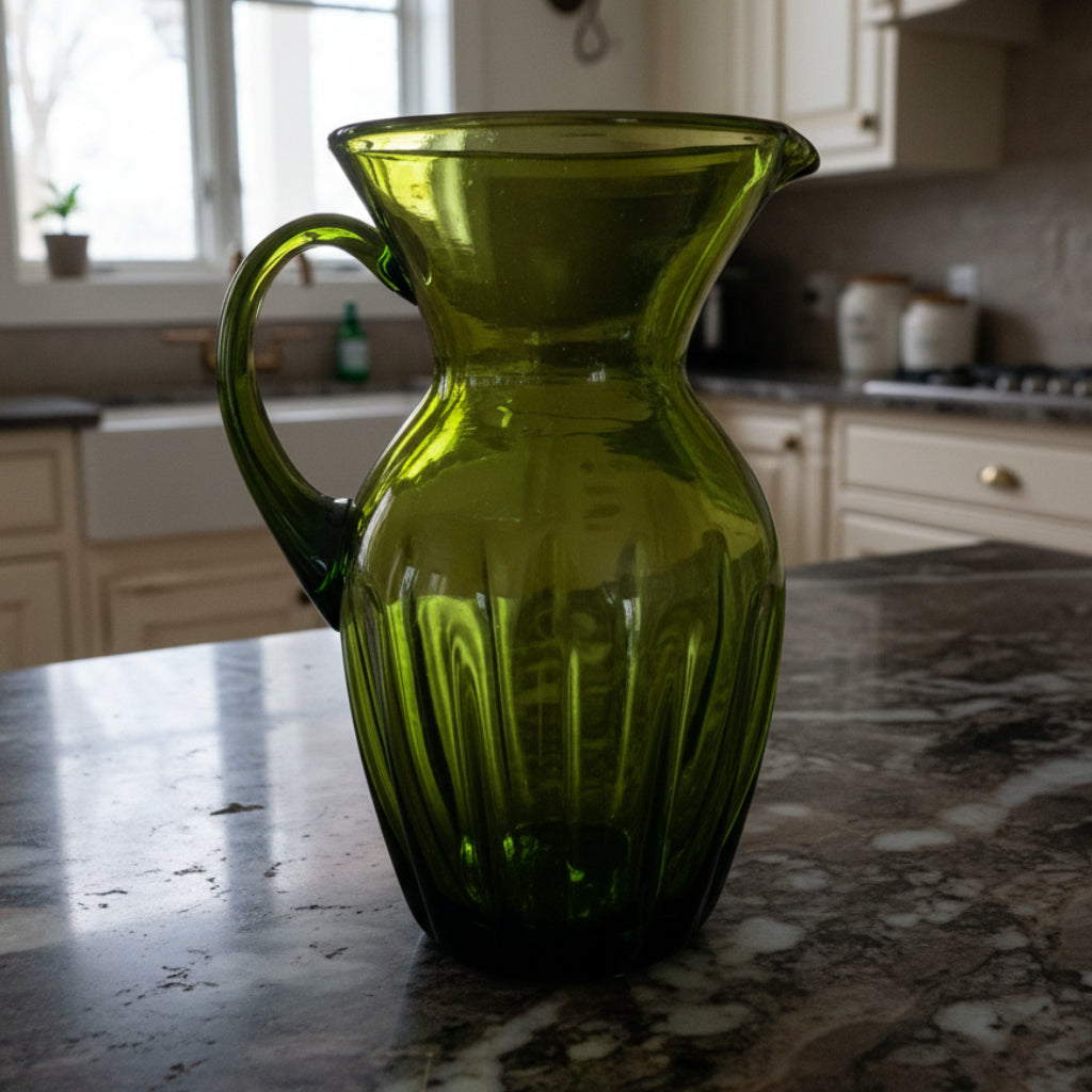 Vintage Hand Blown Green Glass Pitcher - Decorative Glassware