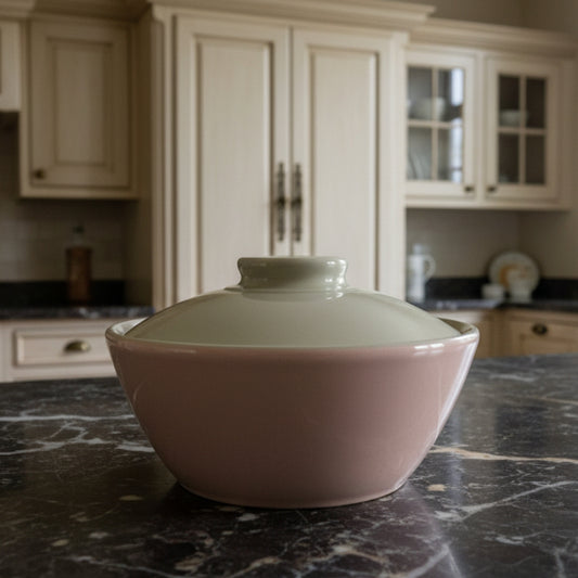 1950s Harker Shell Pink 1.5 Quart Covered Stoneware Casserole