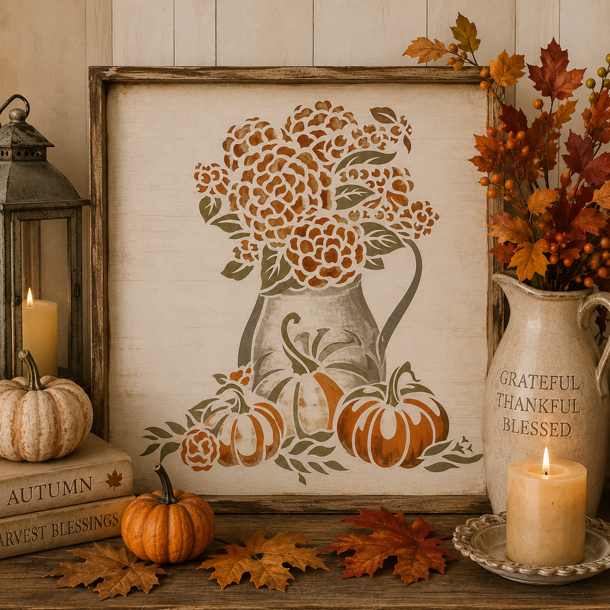 JRV Fall Pitcher Stencil - 11.75" x 11.5" Autumn Pumpkins & Florals