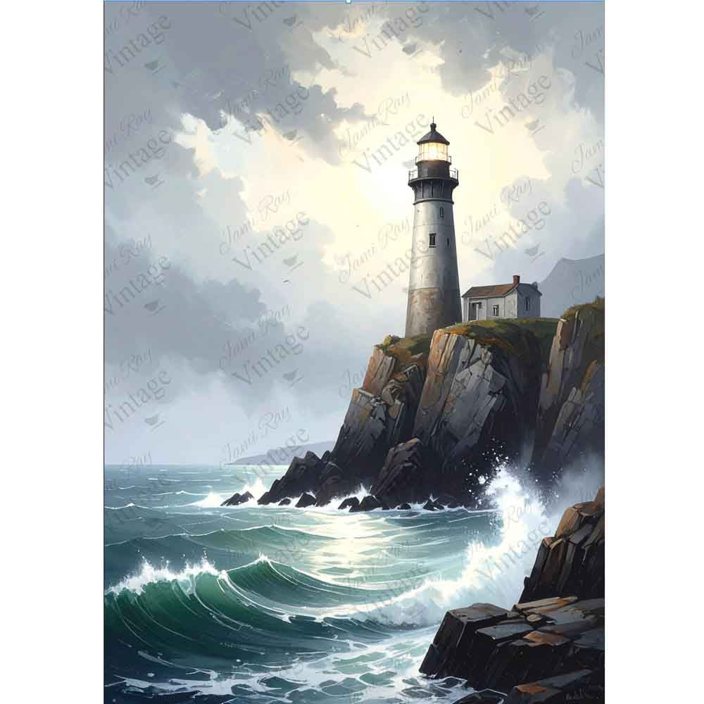 Lighthouse On The Rocks A4 Rice Paper by JRV - 8.25" x 11.6" USA Made
