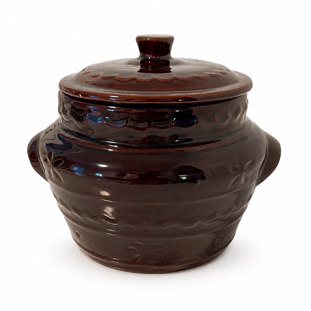 Vintage Mar-Crest Daisy & Dot Bean Pot with Lid – Brown Stoneware USA