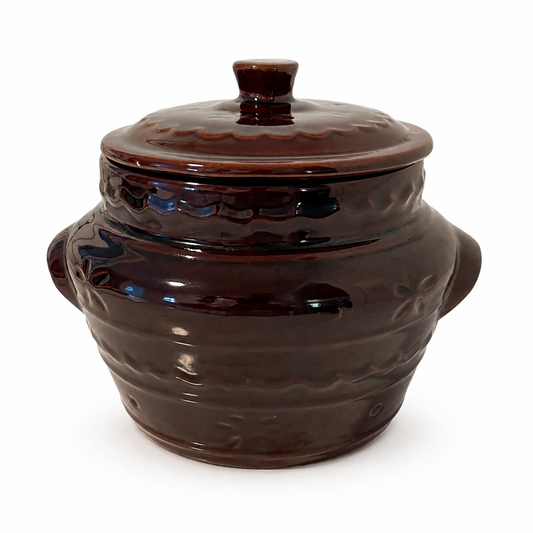 Vintage Mar-Crest Daisy & Dot Bean Pot with Lid – Brown Stoneware USA