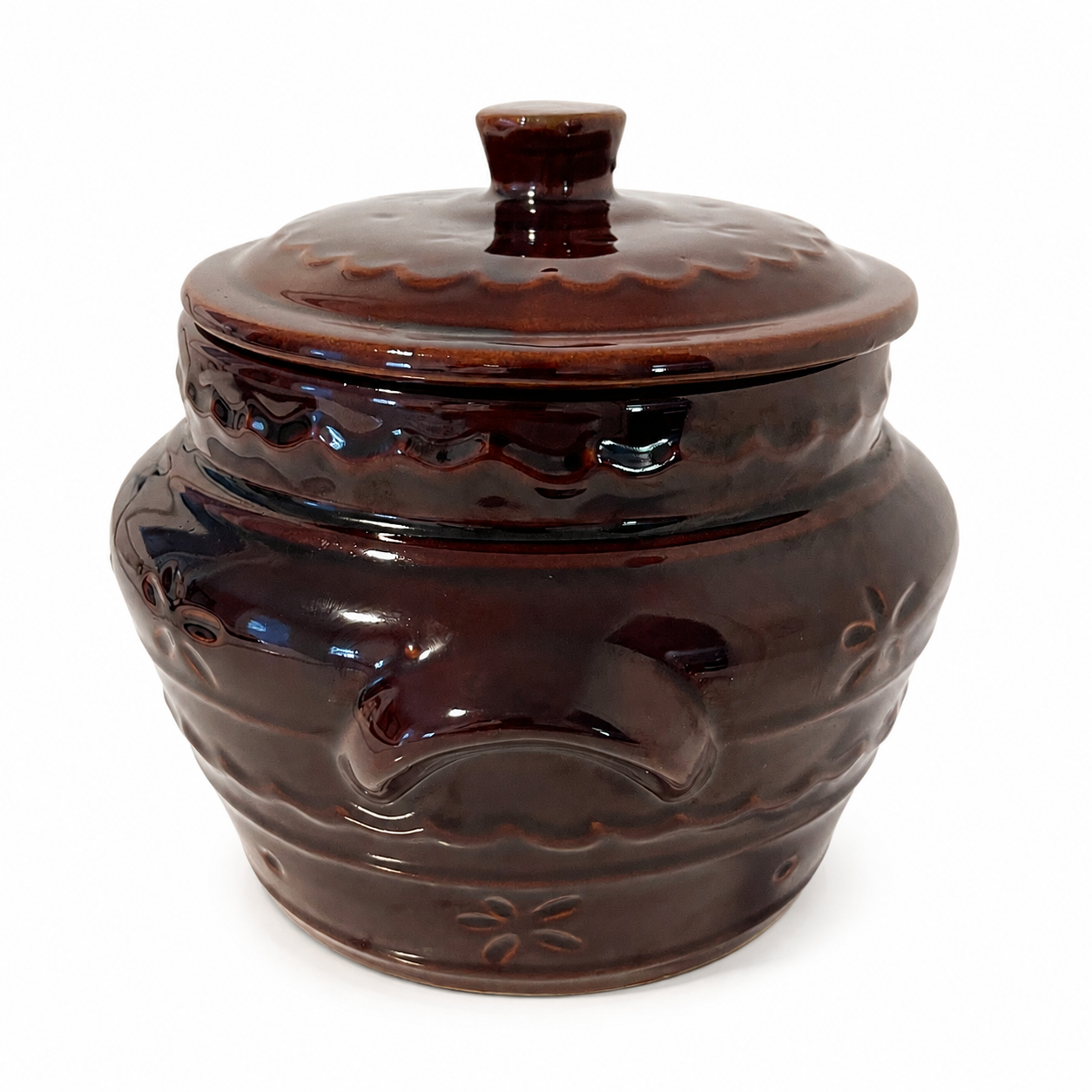 Vintage Mar-Crest Daisy & Dot Bean Pot with Lid – Brown Stoneware USA