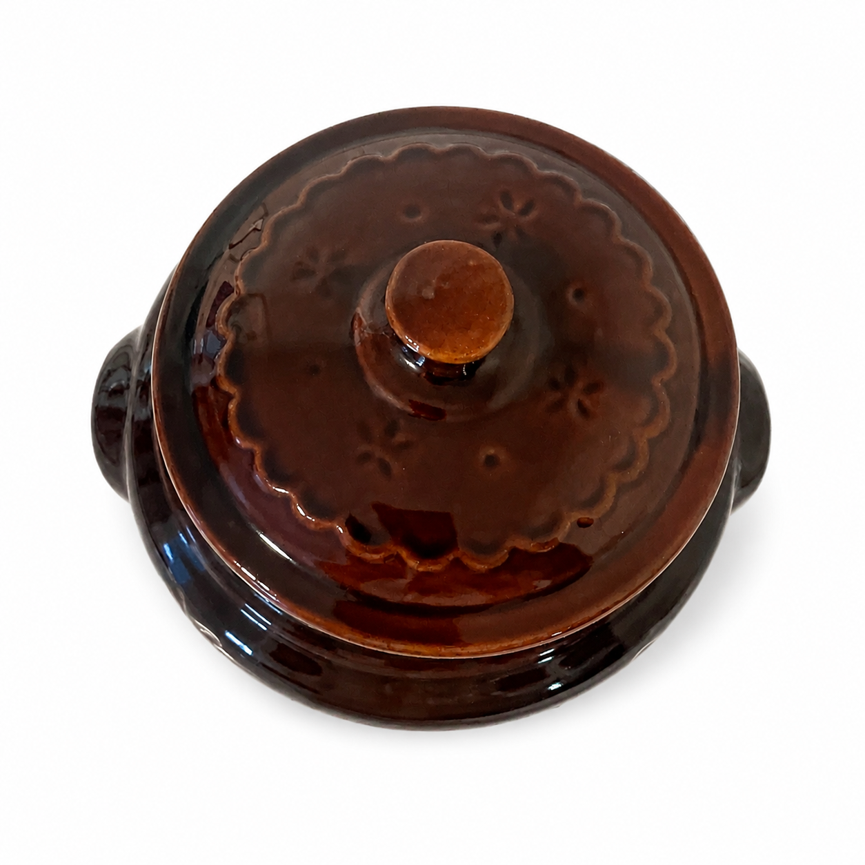 Vintage Mar-Crest Daisy & Dot Bean Pot with Lid – Brown Stoneware USA