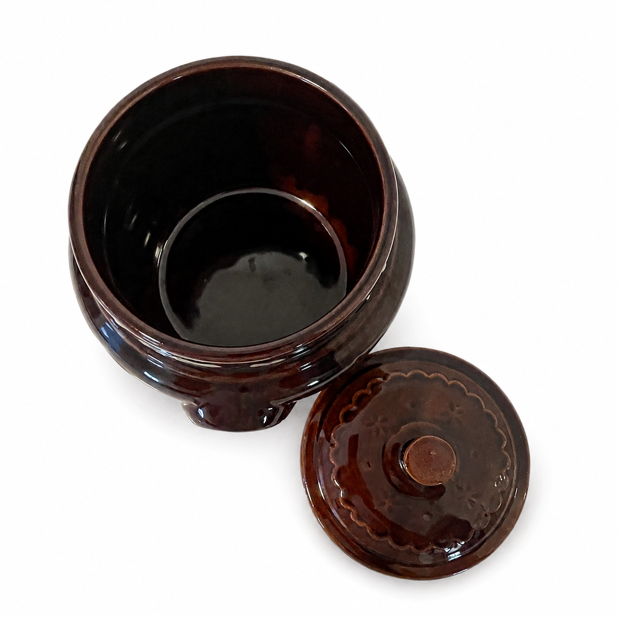 Vintage Mar-Crest Daisy & Dot Bean Pot with Lid – Brown Stoneware USA