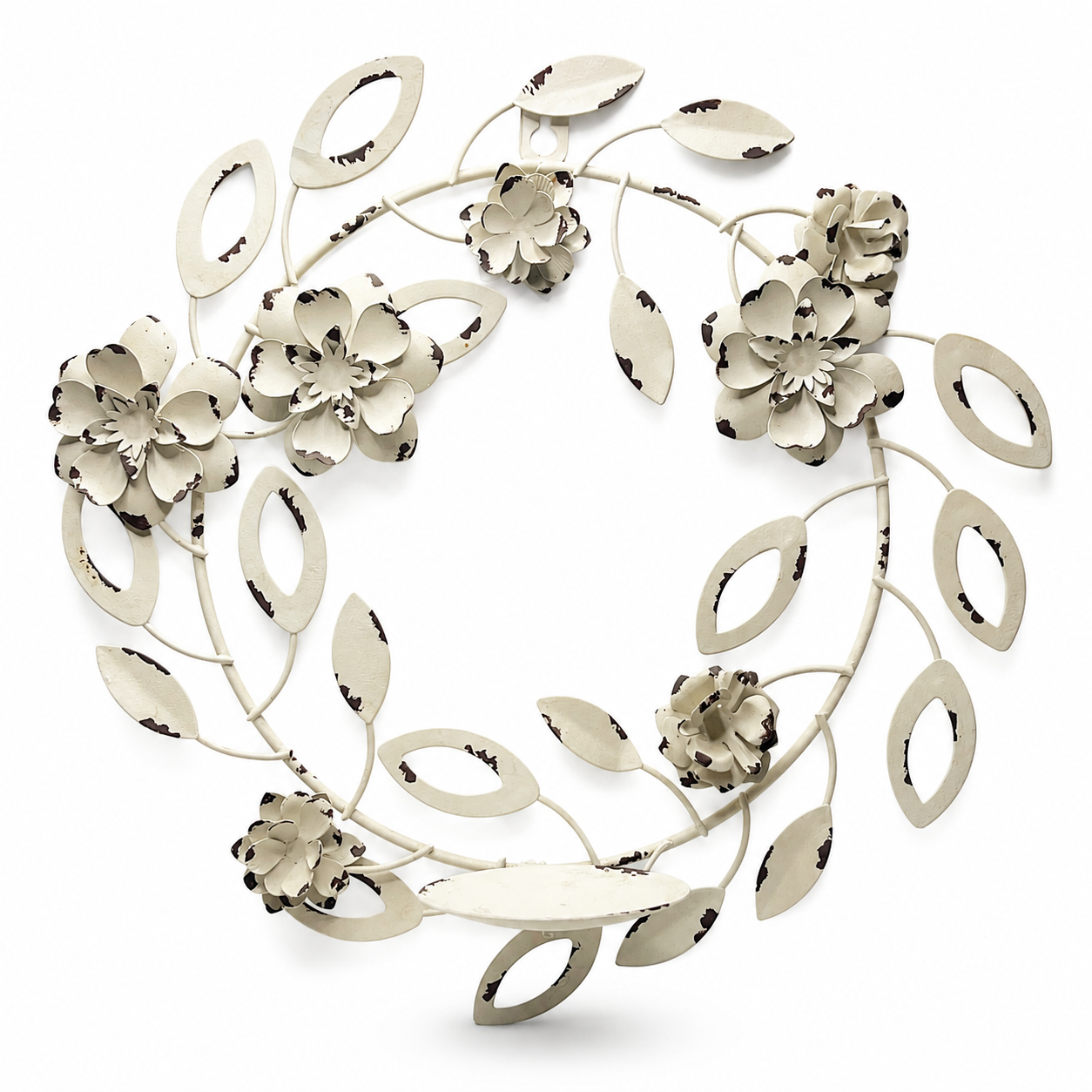 Cream Metal Flower Wreath Candle Holder - Farmhouse Style Decor