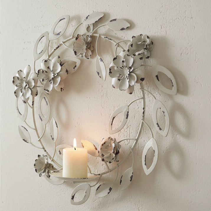 Cream Metal Flower Wreath Candle Holder - Farmhouse Style Decor