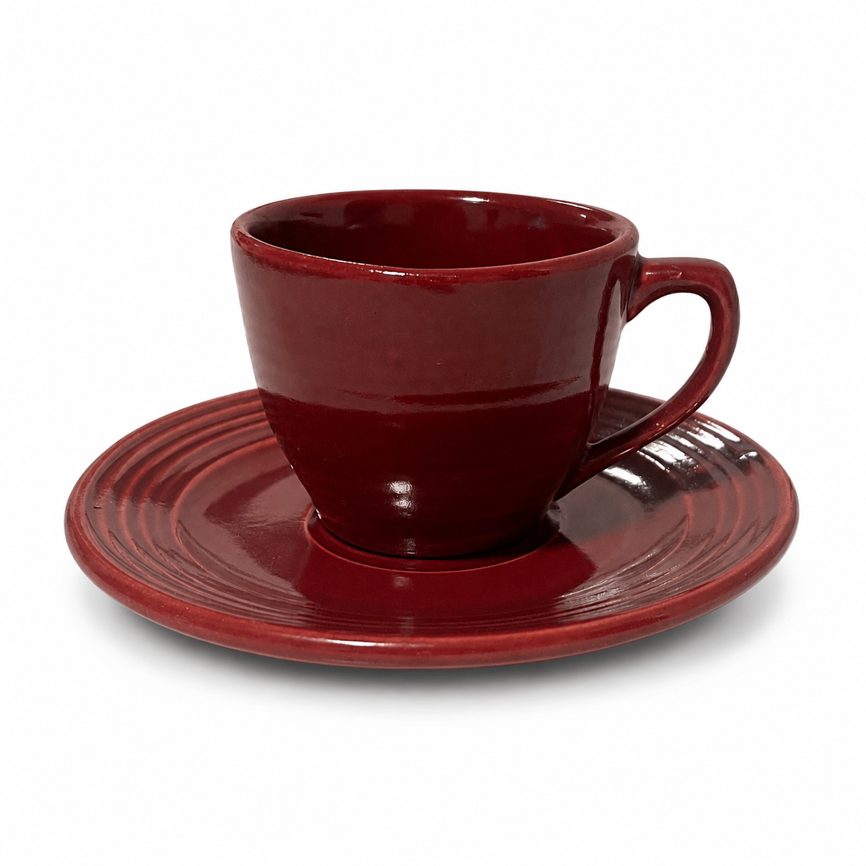 Vintage Bauer Pottery Monterey Burgundy Cup and Saucer - 1936-1945 USA