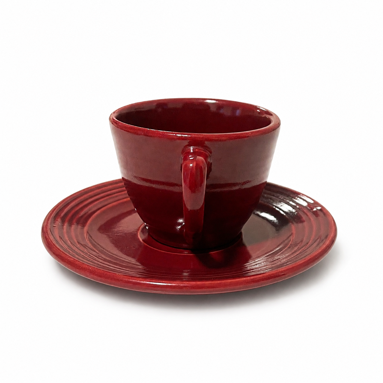 Vintage Bauer Pottery Monterey Burgundy Cup and Saucer - 1936-1945 USA