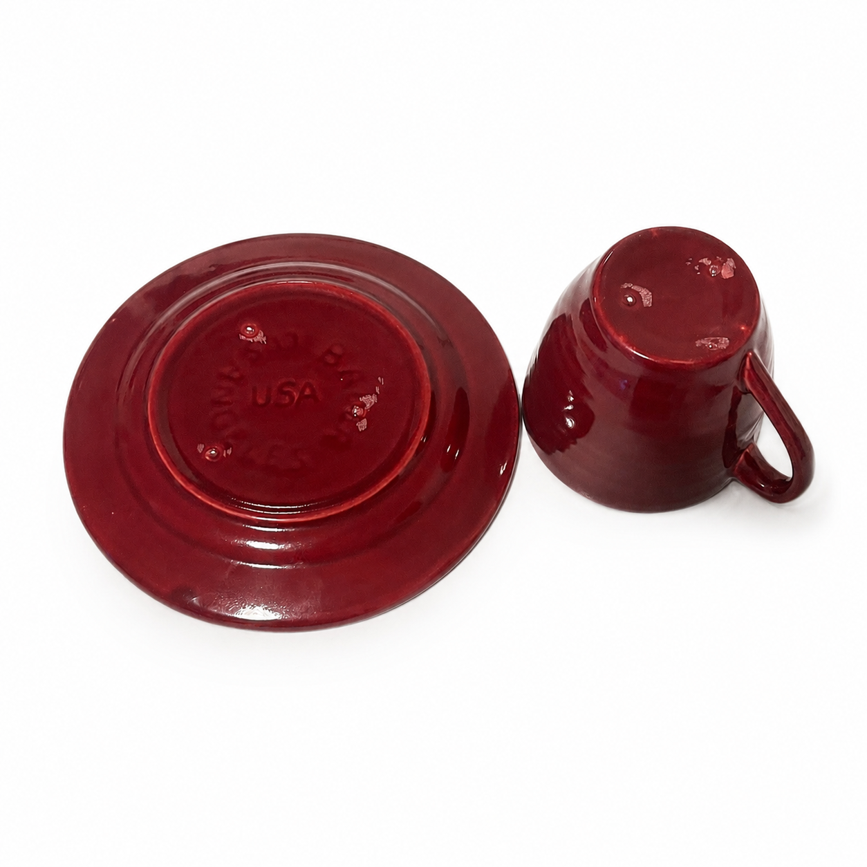 Vintage Bauer Pottery Monterey Burgundy Cup and Saucer - 1936-1945 USA