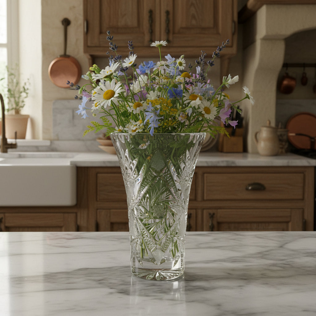 Cut Crystal Pinwheel Vase - Elegant Faceted Glass Decor 7.25" Tall