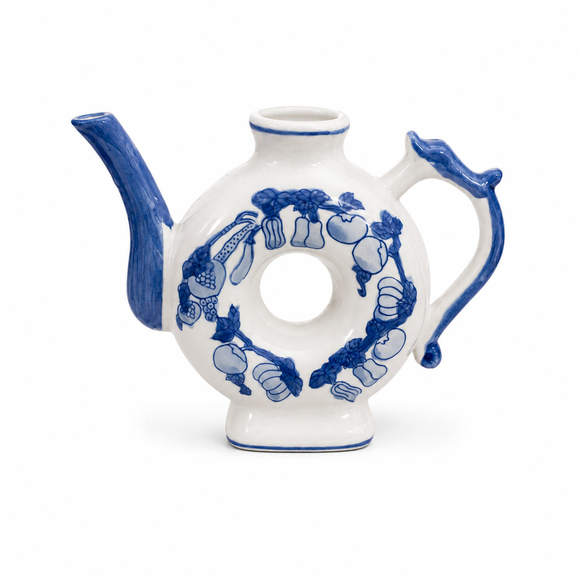 1980s Home Essentials Donut Shaped Porcelain Teapot - Fruit Pattern